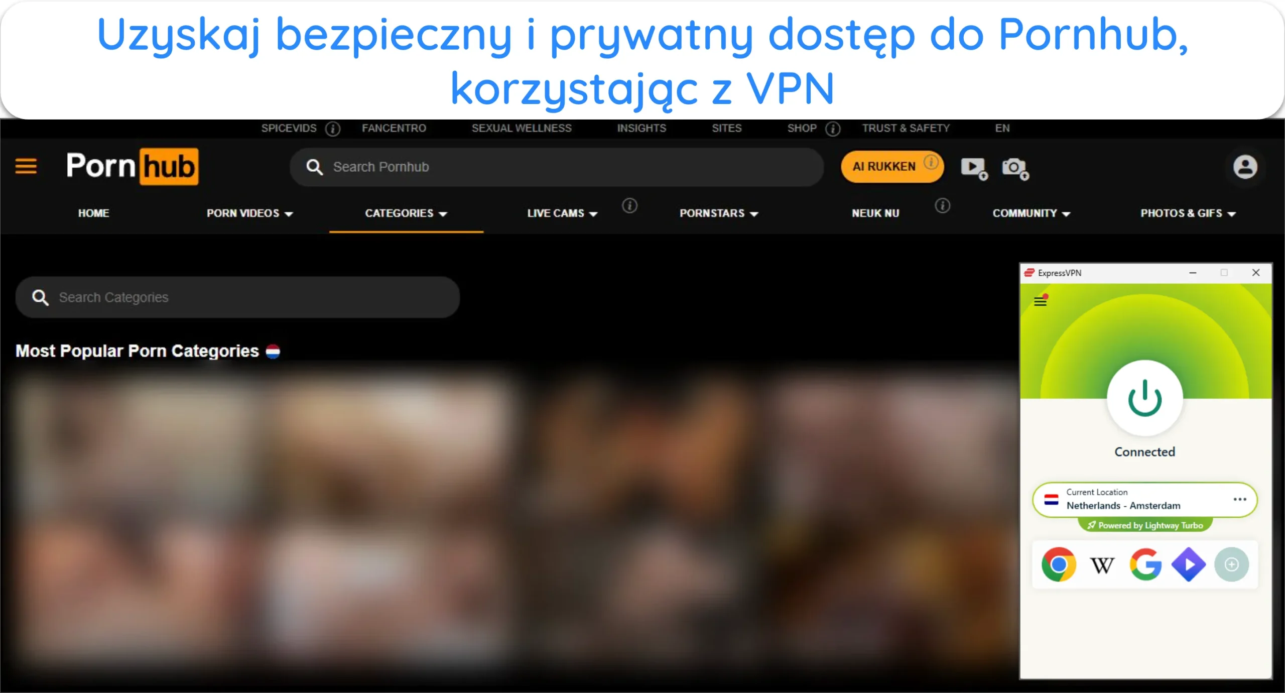 Zrzut ekranu Pornhub dostępnego za pośrednictwem serwera ExpressVPN w Holandii.