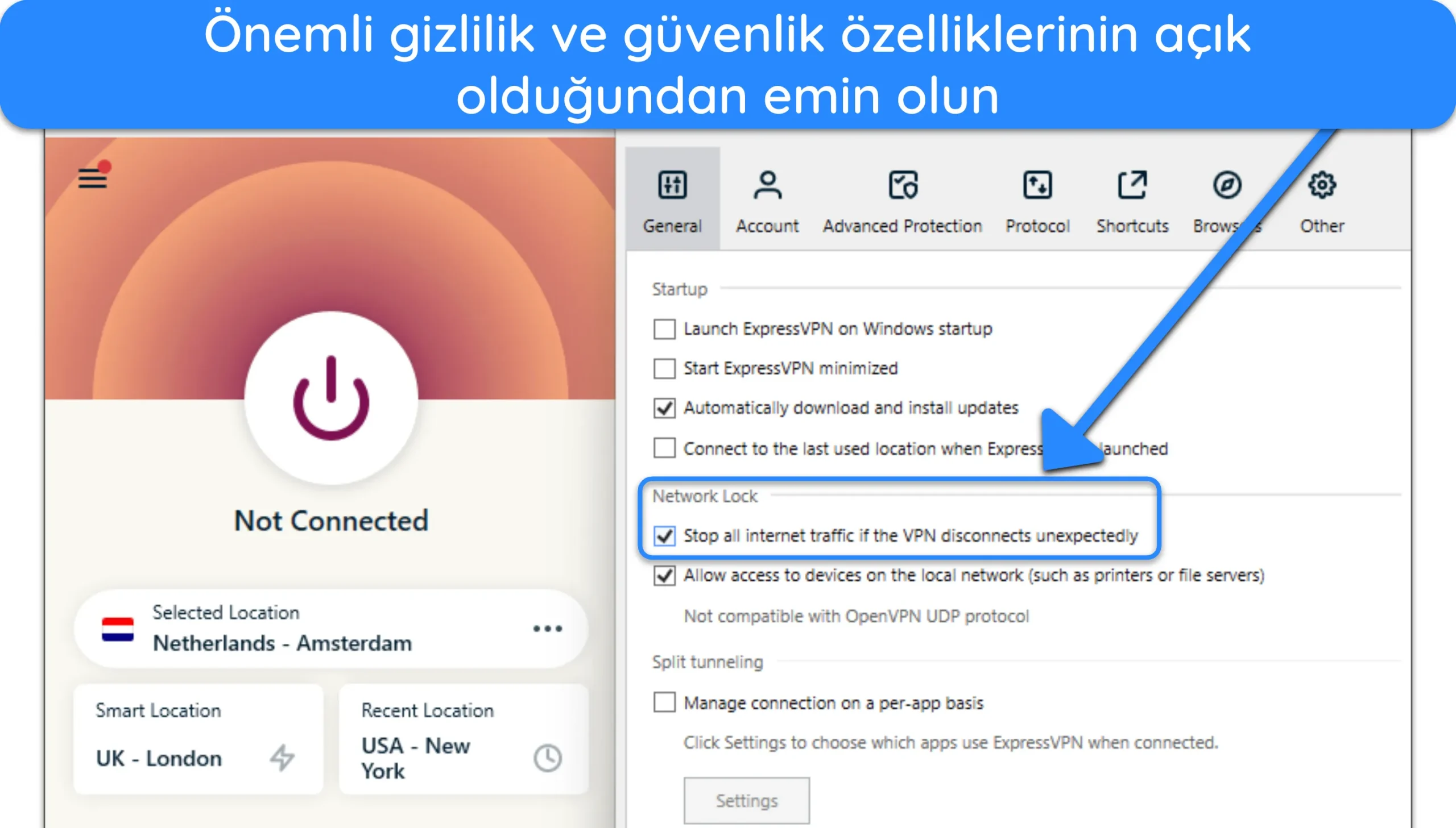 ExpressVPN'in Windows uygulamasının ekran g&ouml;r&uuml;nt&uuml;s&uuml;, Ağ Kilidi kapatma anahtarını vurguluyor.