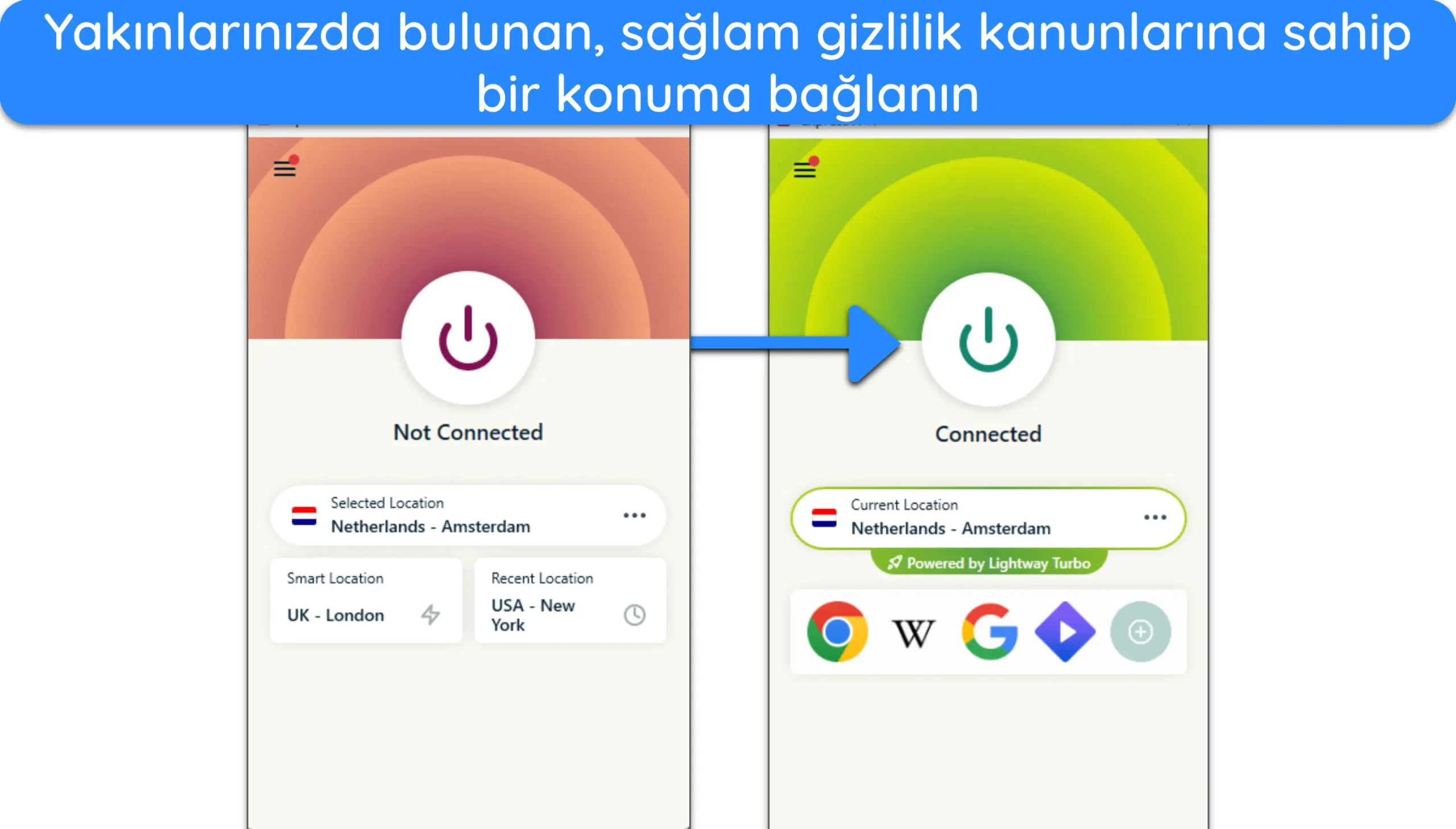 ExpressVPN'in Windows uygulamasının, uygulamanın bağlantısı kesilmiş ve Hollanda'daki bir sunucuya bağlı olması arasındaki farkı g&ouml;steren ekran g&ouml;r&uuml;nt&uuml;leri.